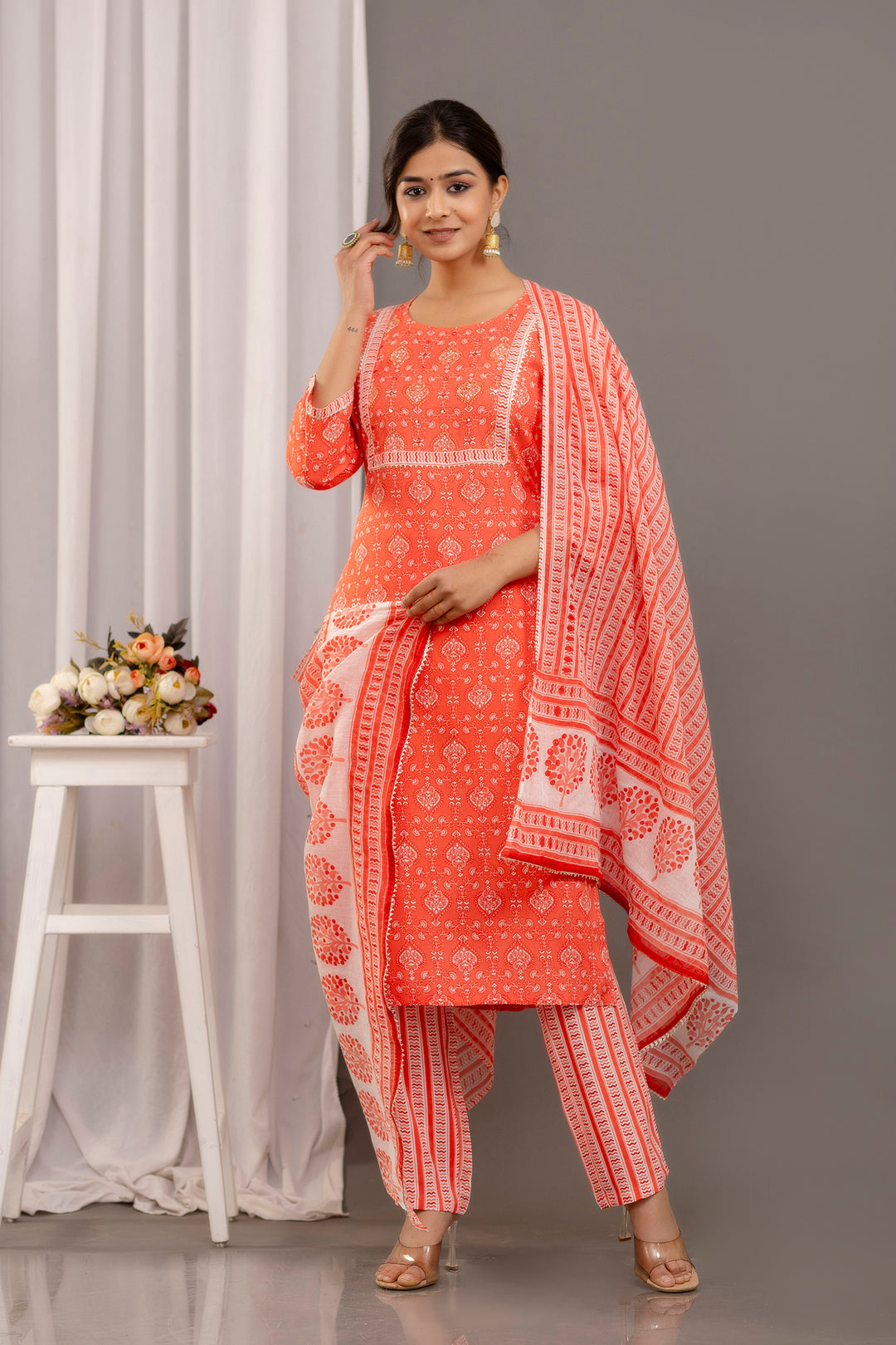 Orange Rayon Cotton Top & Bottom Set | Printed Gota Lace Mulmul Dupatta