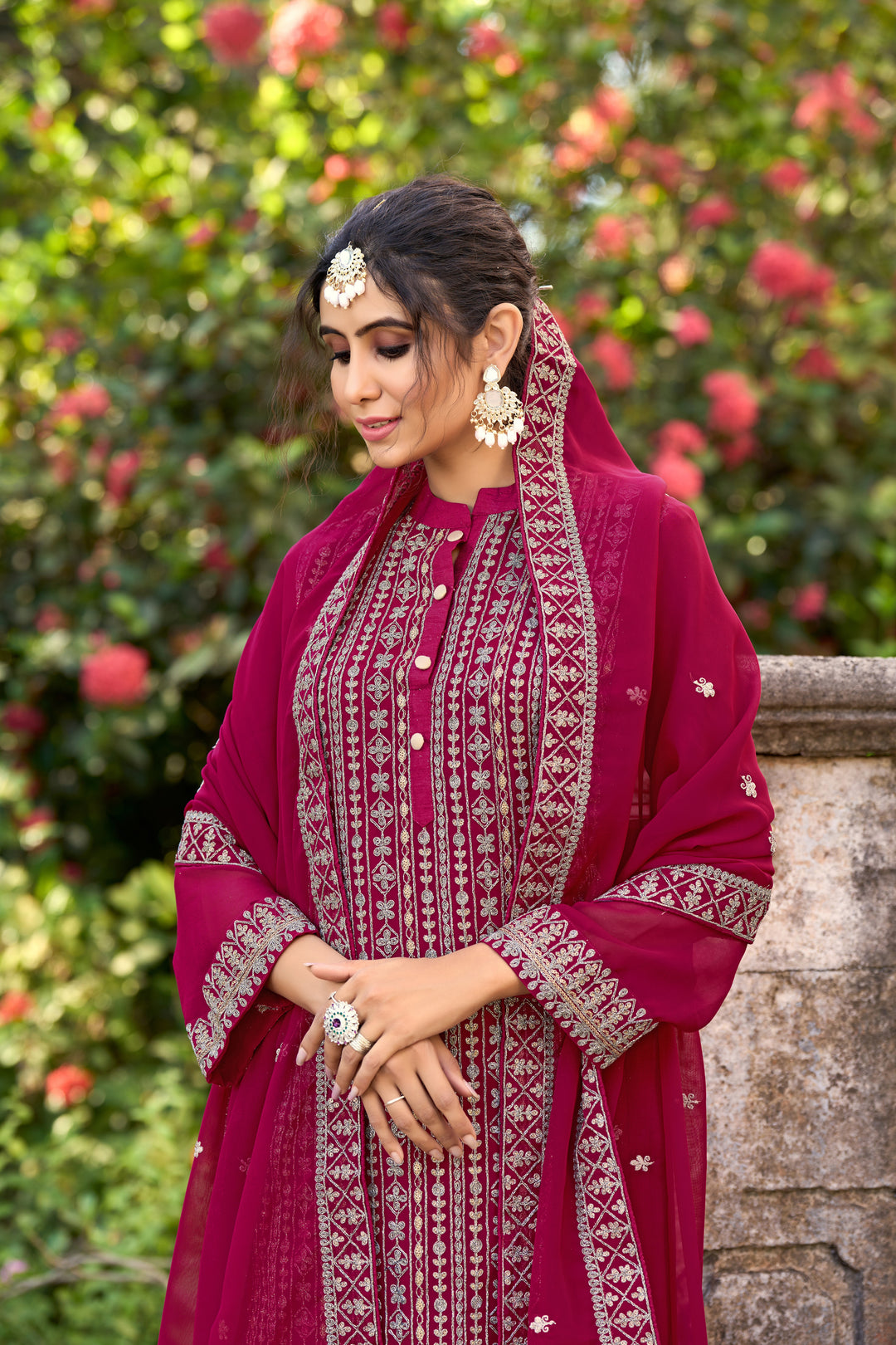 Exquisite Pink Plazzo Suit | Embroidered Glory Silk with Santoon Bottom