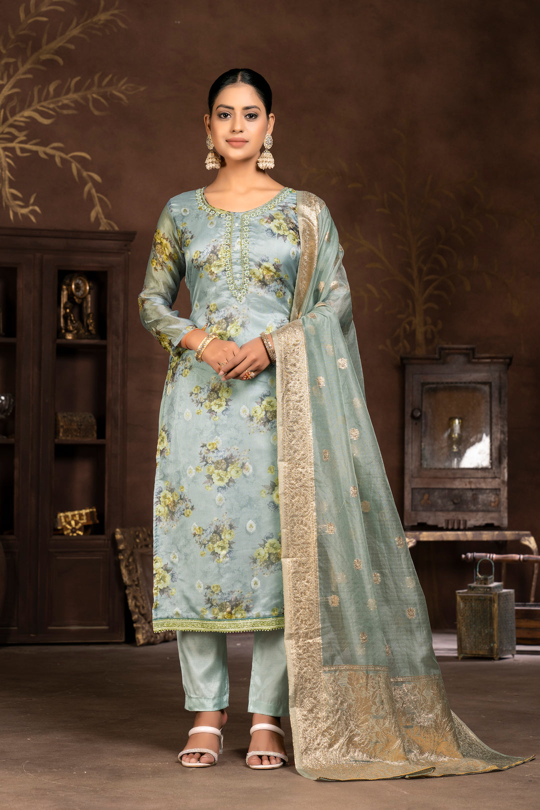 Designer Digital Printed Organza Suit | Santoon Bottom and Dupatta Set