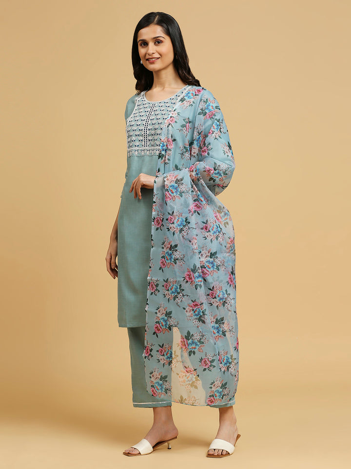 Aqua Blue & Orange Cotton Readymade Suit | Designer Embroidery Work