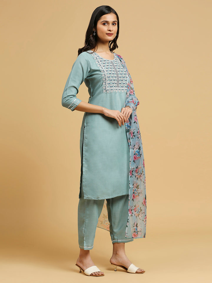 Aqua Blue & Orange Cotton Readymade Suit | Designer Embroidery Work