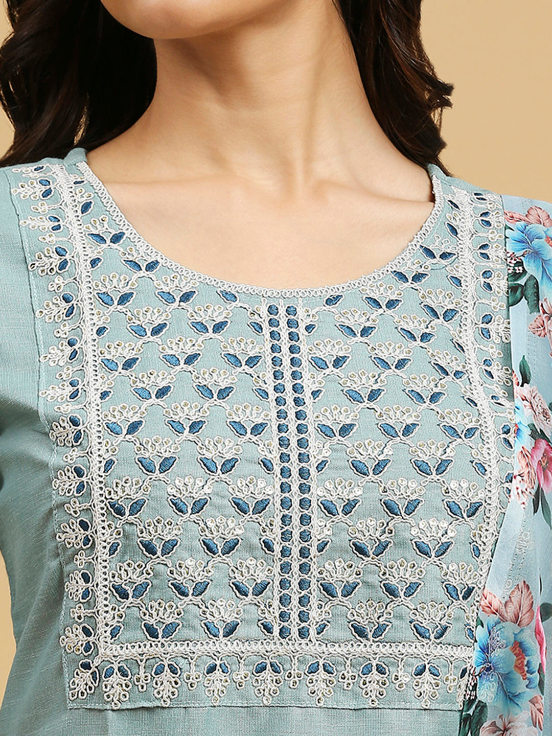 Aqua Blue & Orange Cotton Readymade Suit | Designer Embroidery Work