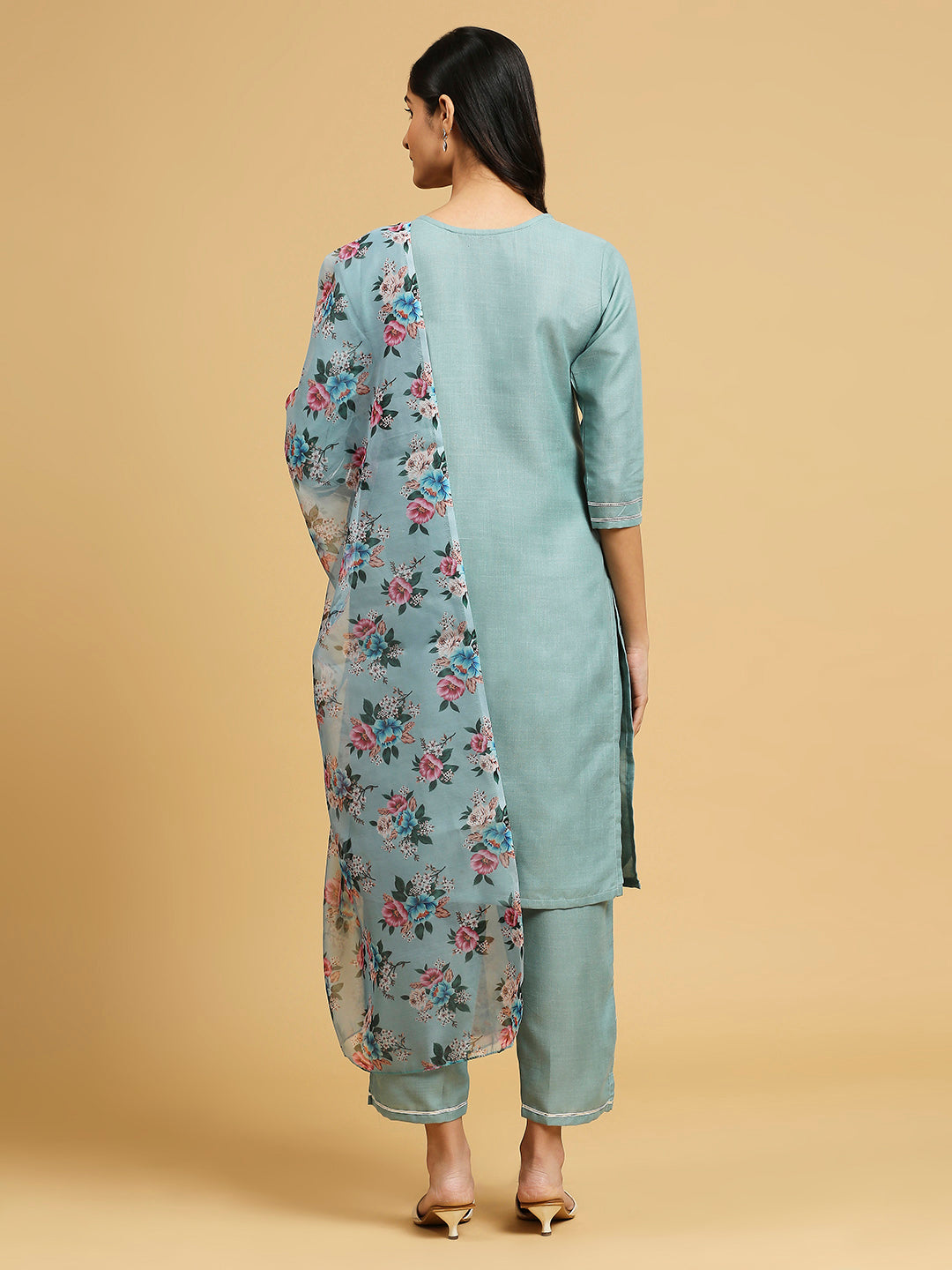 Aqua Blue & Orange Cotton Readymade Suit | Designer Embroidery Work