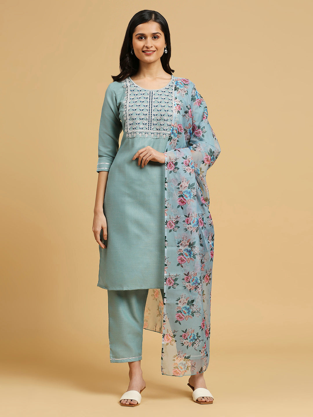 Aqua Blue & Orange Cotton Readymade Suit | Designer Embroidery Work