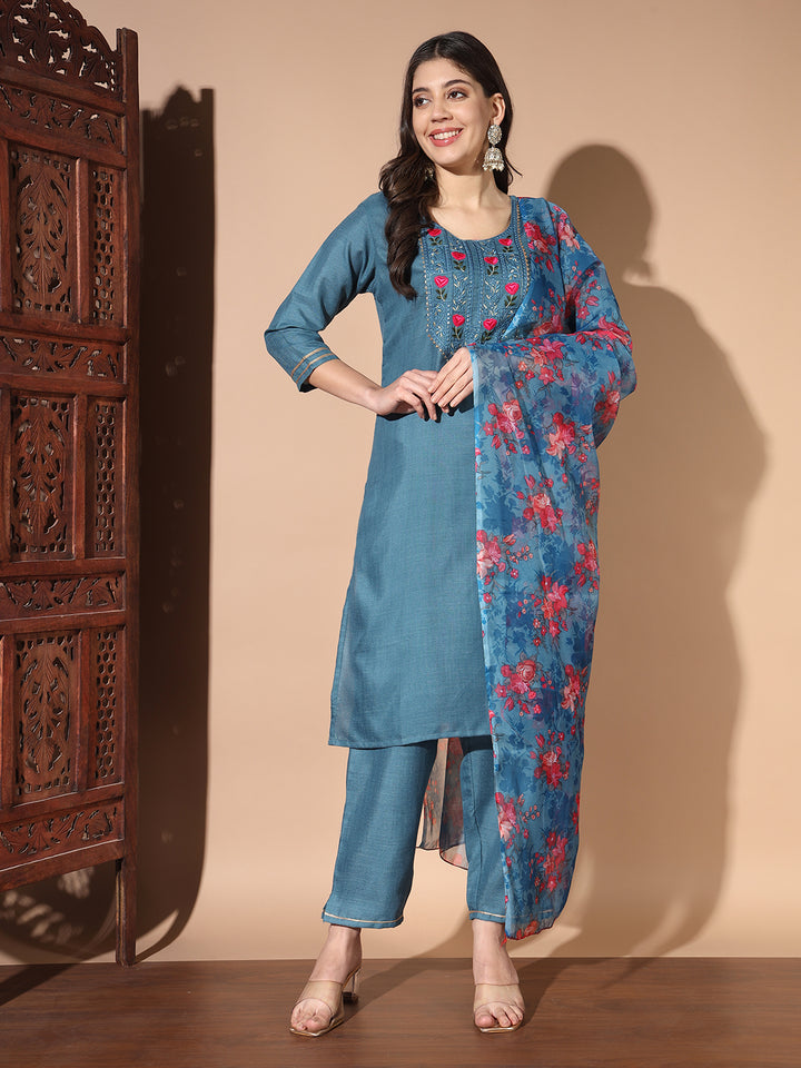 Designer Cotton Readymade Suit | Embroidery Work & Printed Dupatta