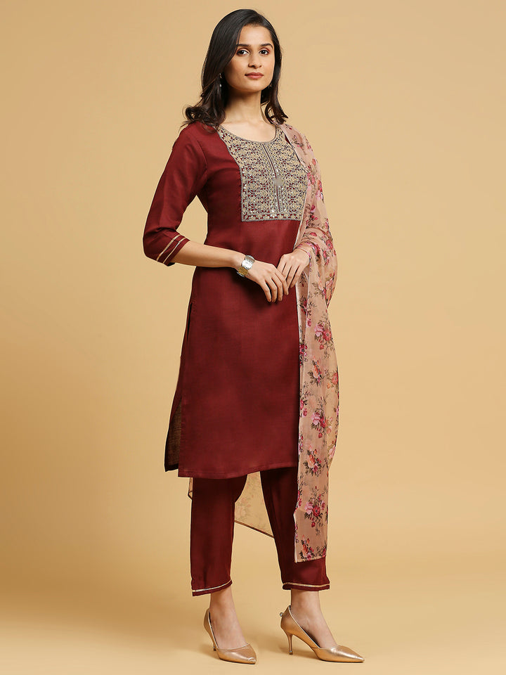 Printed Cotton Suit Set | Embroidered Design with Organza Dupatta