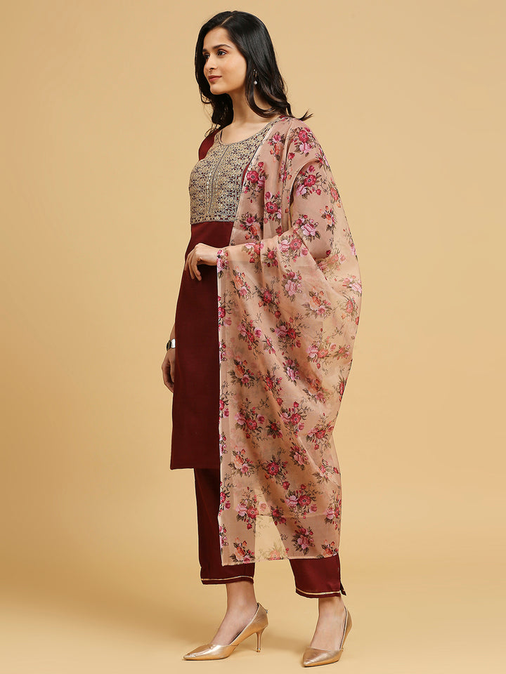 Printed Cotton Suit Set | Embroidered Design with Organza Dupatta