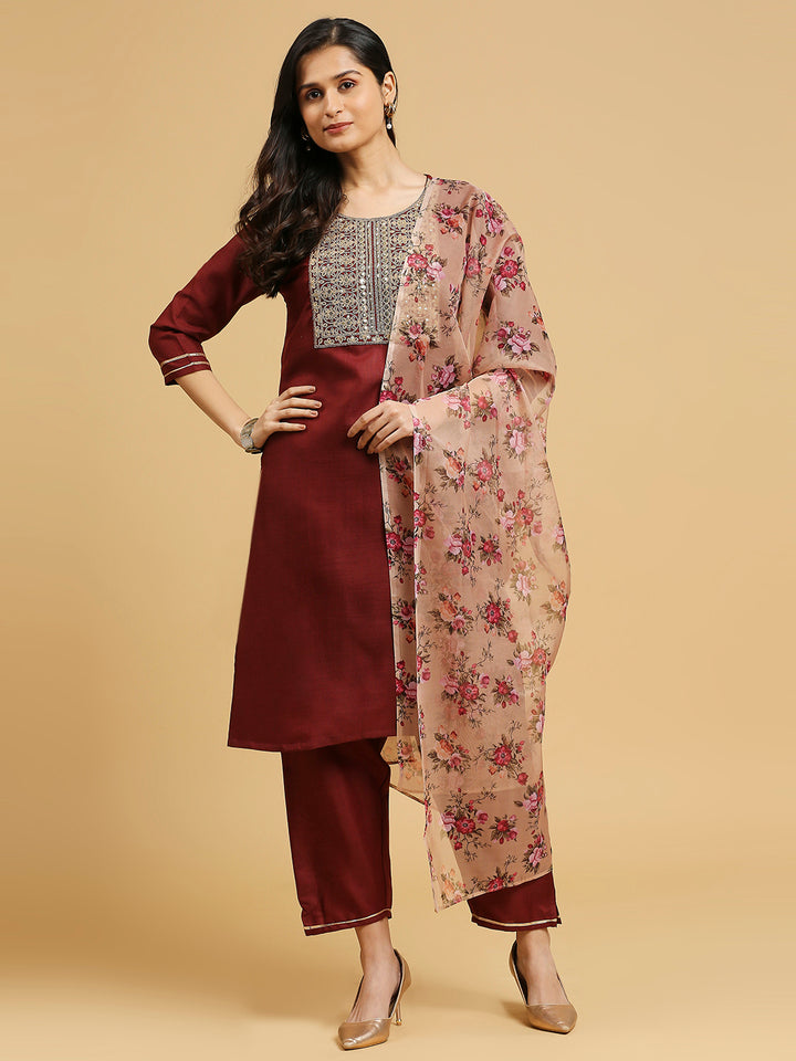 Printed Cotton Suit Set | Embroidered Design with Organza Dupatta