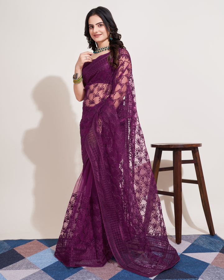 Designer Soft Net Saree | Mono Banglori Multi-Thread Embroidery Wedding Saree