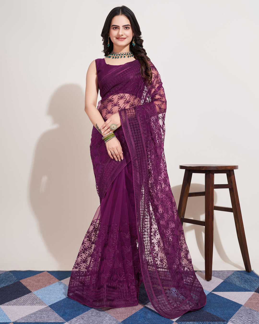 Designer Soft Net Saree | Mono Banglori Multi-Thread Embroidery Wedding Saree