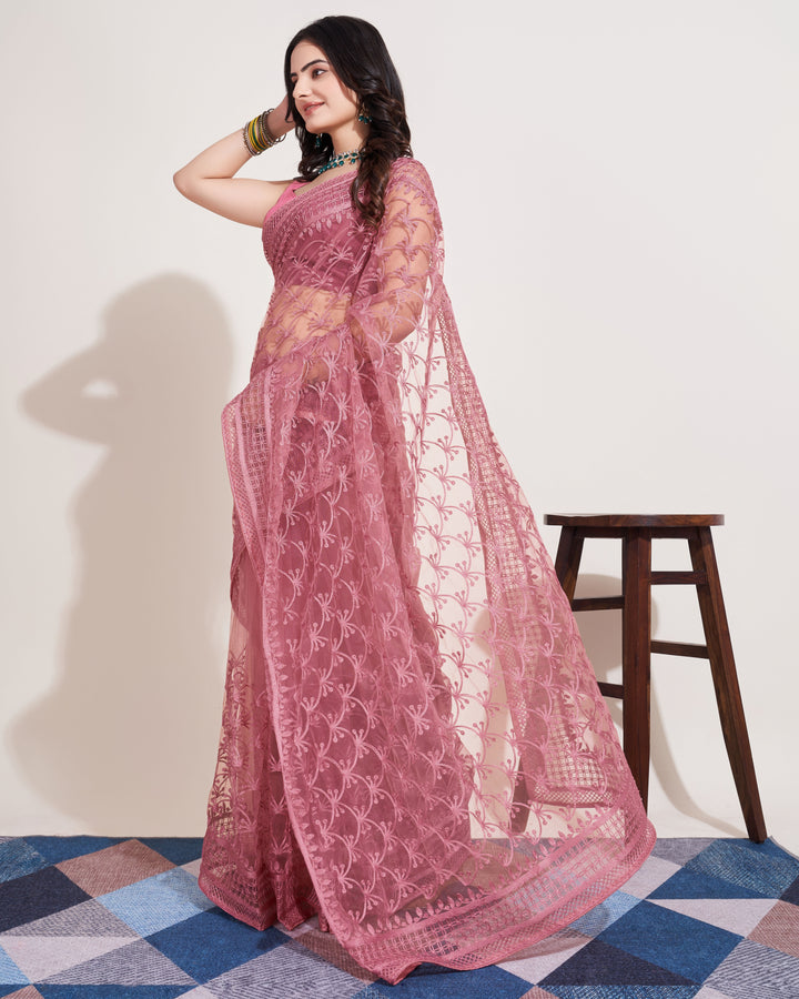 Designer Soft Net Saree | Mono Banglori Multi-Thread Embroidery Wedding Saree