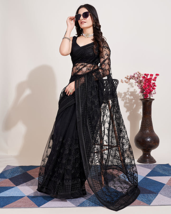 Designer Soft Net Saree | Mono Banglori Multi-Thread Embroidery Wedding Saree