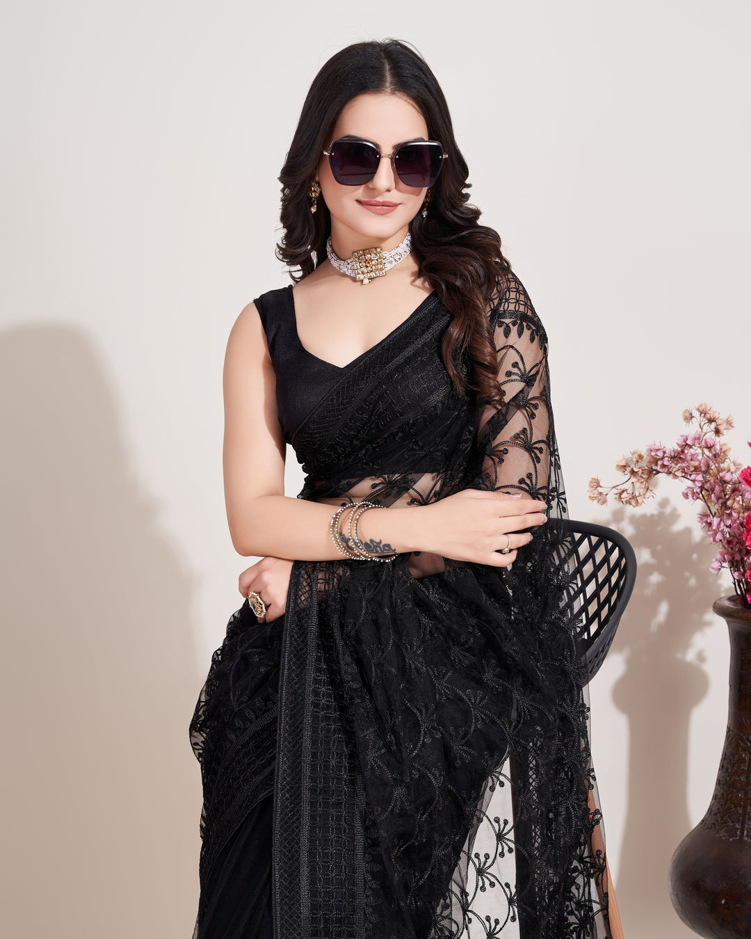 Designer Soft Net Saree | Mono Banglori Multi-Thread Embroidery Wedding Saree