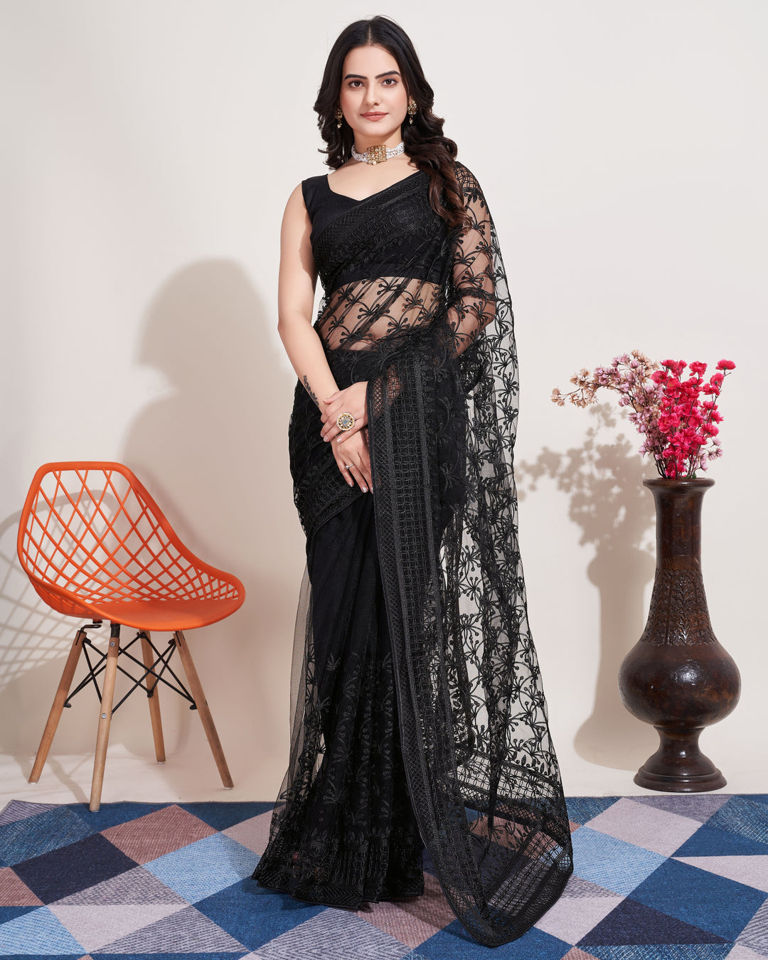 Designer Soft Net Saree | Mono Banglori Multi-Thread Embroidery Wedding Saree