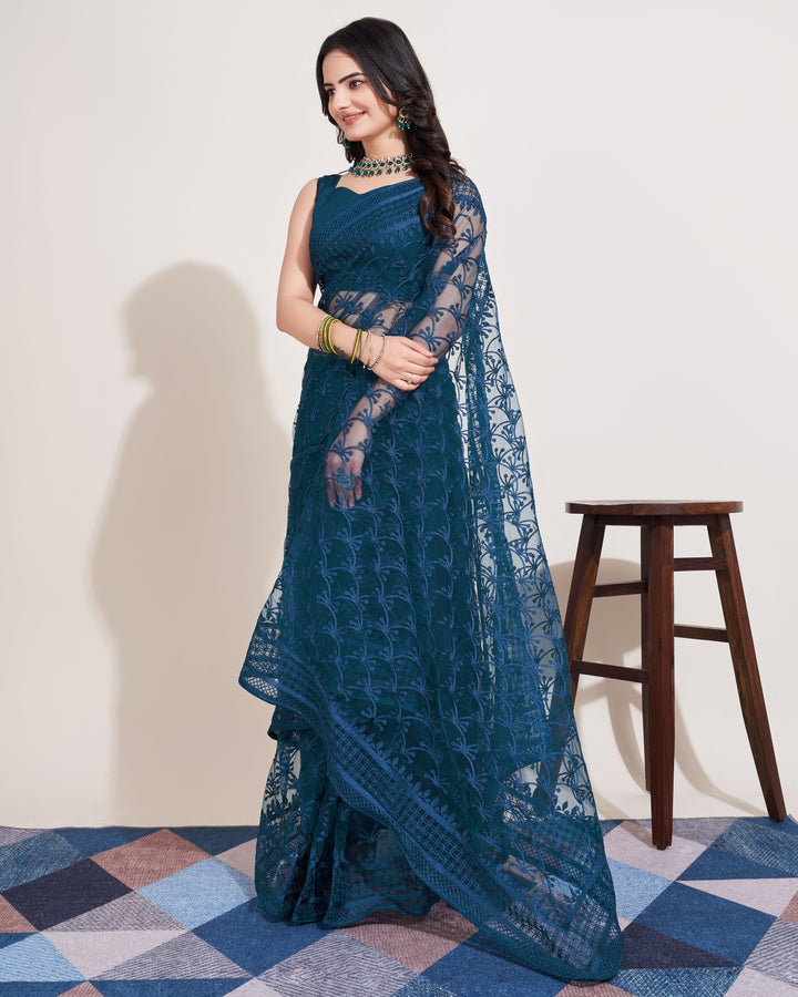 Designer Soft Net Saree | Mono Banglori Multi-Thread Embroidery Wedding Saree