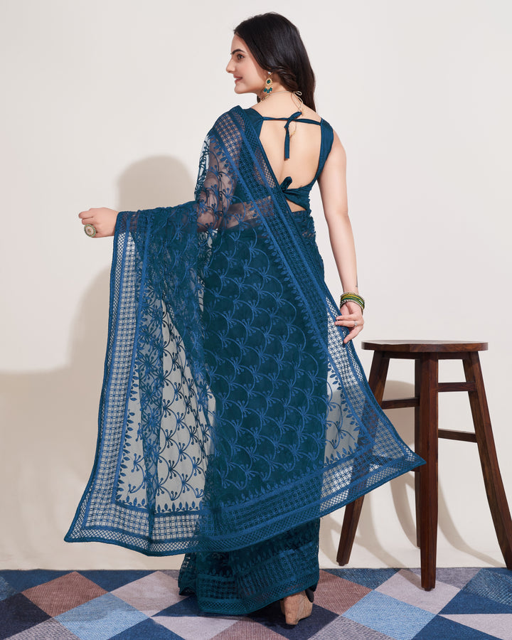 Designer Soft Net Saree | Mono Banglori Multi-Thread Embroidery Wedding Saree