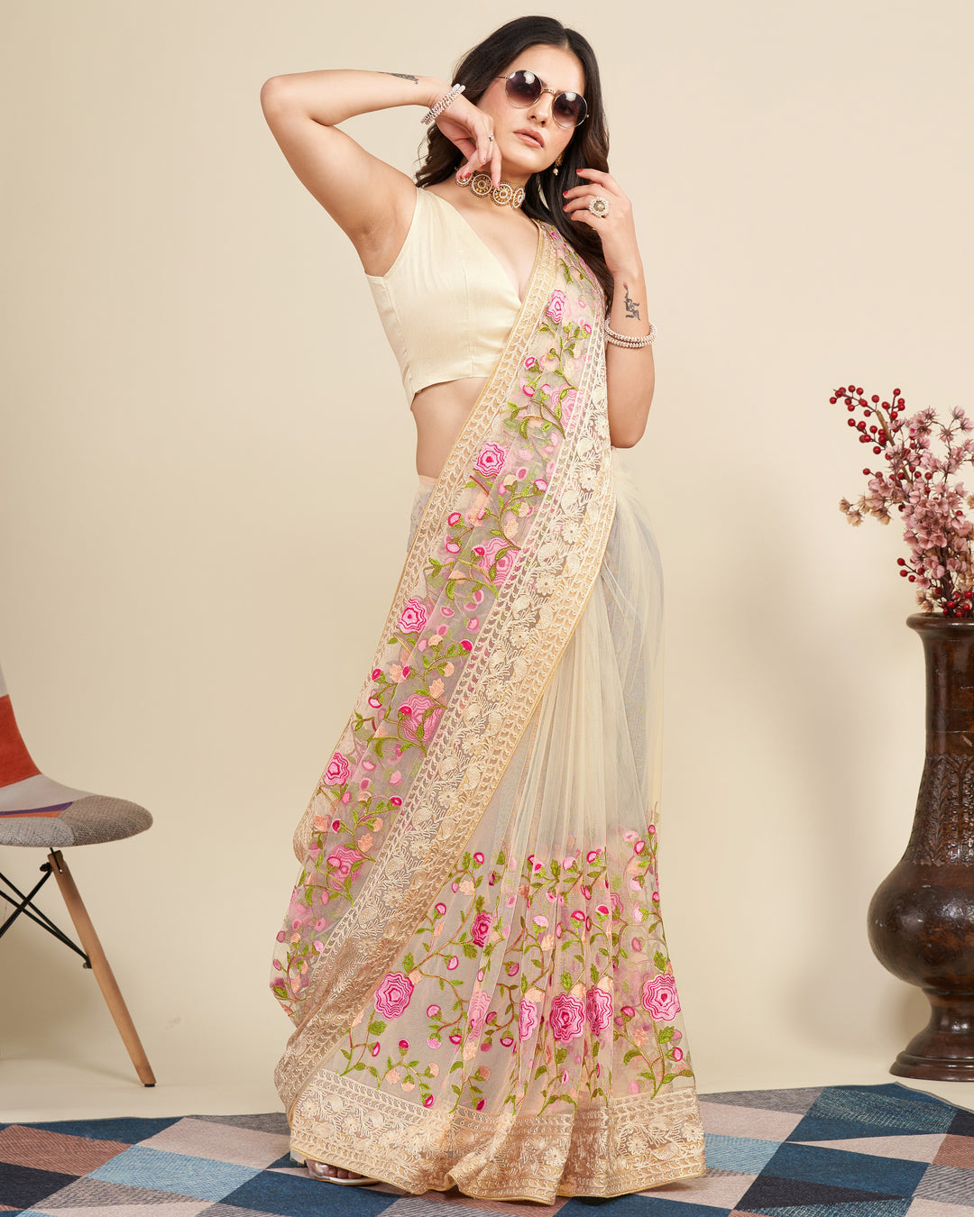 Soft Net Saree with Mono Banglori Blouse | Multi-Thread Embroidery Work Traditional Look