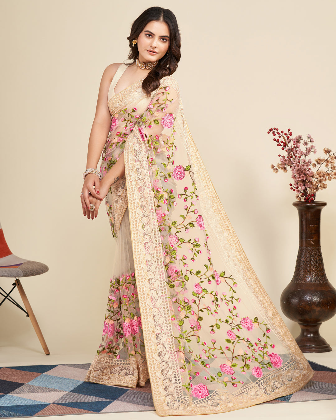 Soft Net Saree with Mono Banglori Blouse | Multi-Thread Embroidery Work Traditional Look