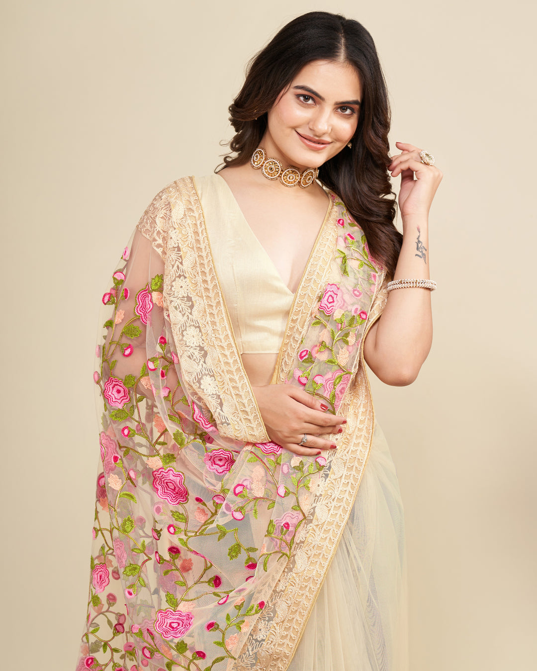 Soft Net Saree with Mono Banglori Blouse | Multi-Thread Embroidery Work Traditional Look