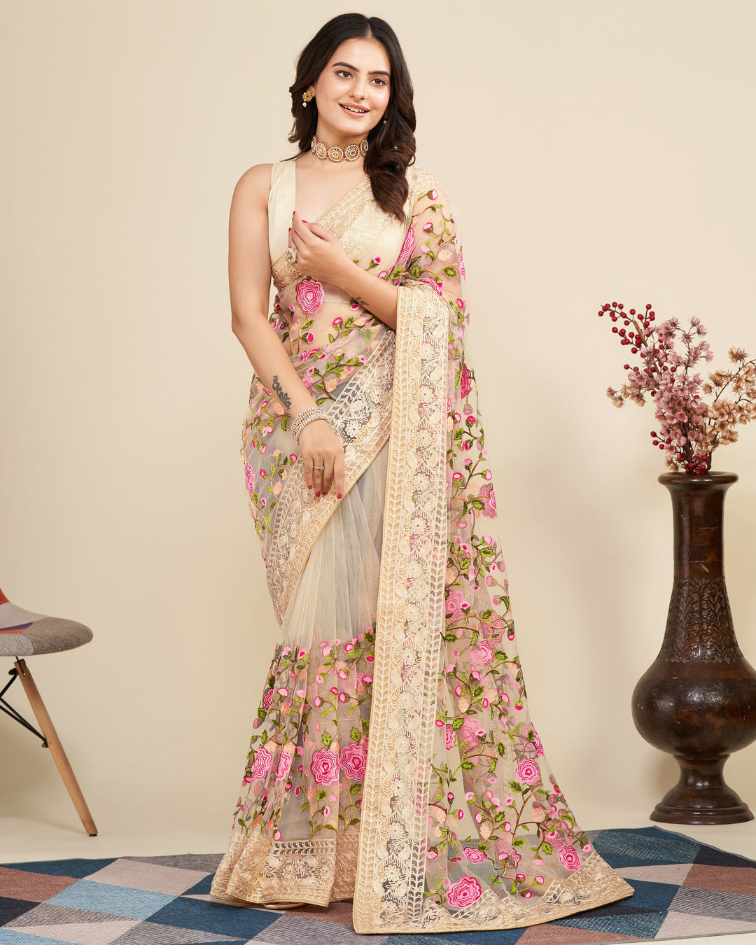 Soft Net Saree with Mono Banglori Blouse | Multi-Thread Embroidery Work Traditional Look