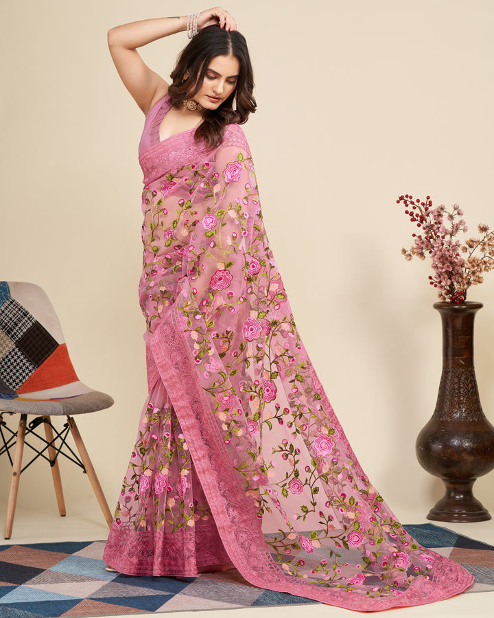 Soft Net Saree with Mono Banglori Blouse | Multi-Thread Embroidery Work Traditional Look