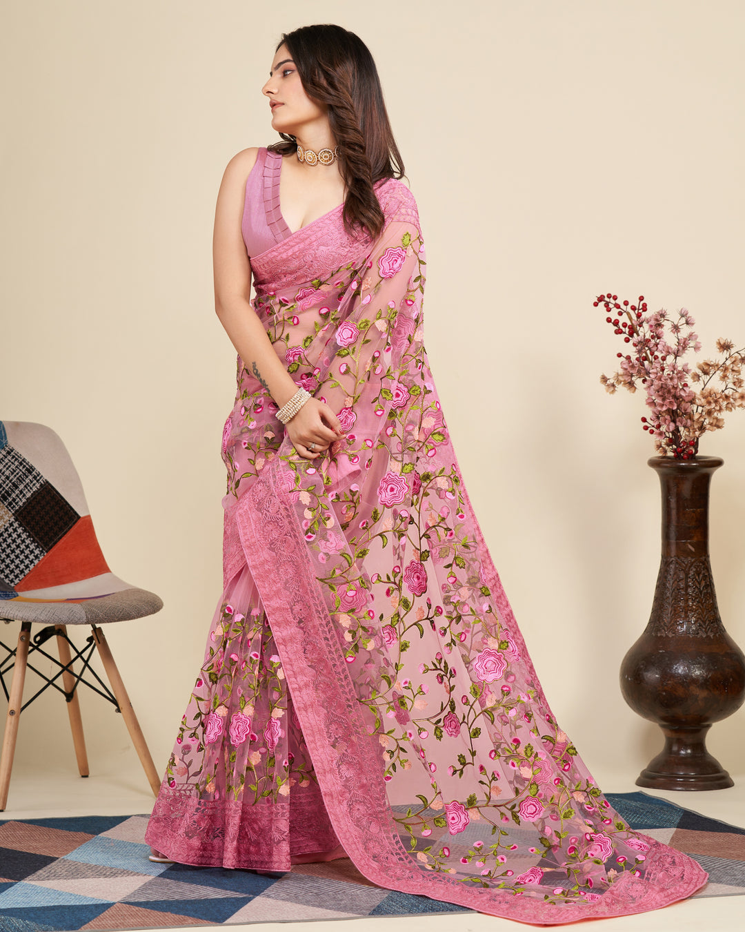 Soft Net Saree with Mono Banglori Blouse | Multi-Thread Embroidery Work Traditional Look