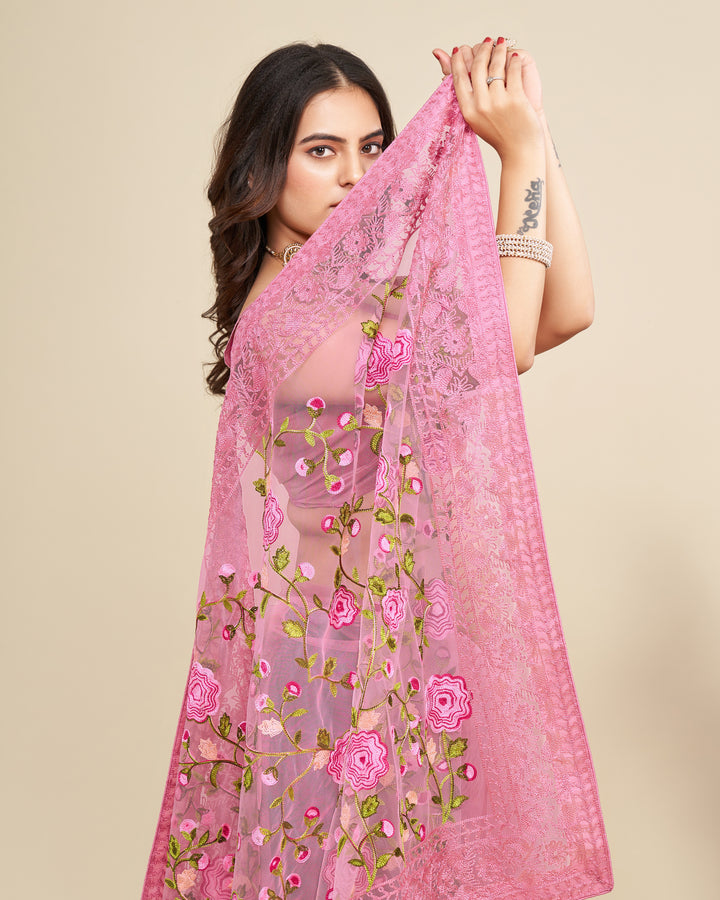 Soft Net Saree with Mono Banglori Blouse | Multi-Thread Embroidery Work Traditional Look