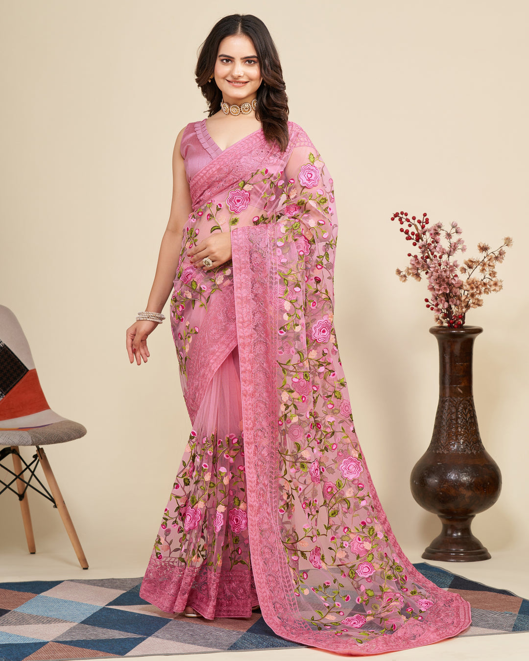 Soft Net Saree with Mono Banglori Blouse | Multi-Thread Embroidery Work Traditional Look