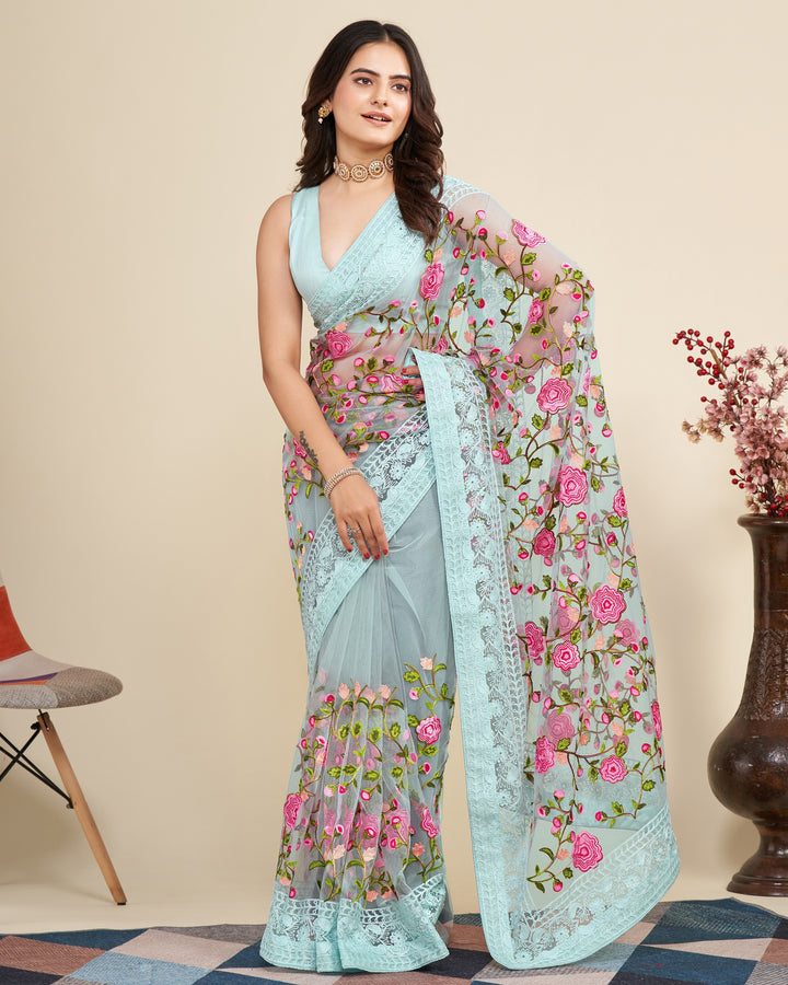 Soft Net Saree with Mono Banglori Blouse | Multi-Thread Embroidery Work Traditional Look