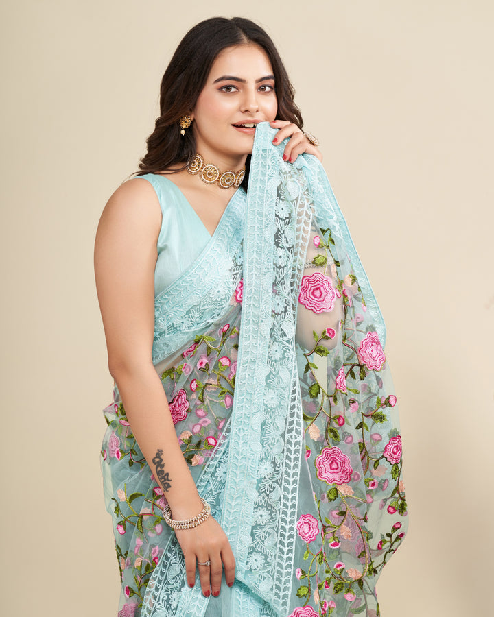 Soft Net Saree with Mono Banglori Blouse | Multi-Thread Embroidery Work Traditional Look