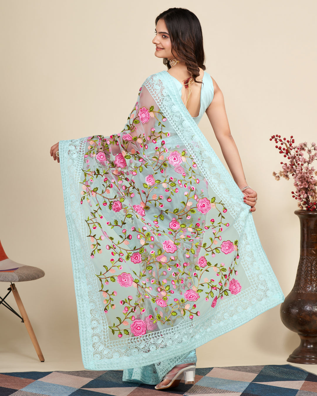 Soft Net Saree with Mono Banglori Blouse | Multi-Thread Embroidery Work Traditional Look