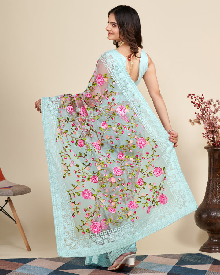 Soft Net Saree with Mono Banglori Blouse | Multi-Thread Embroidery Work Traditional Look