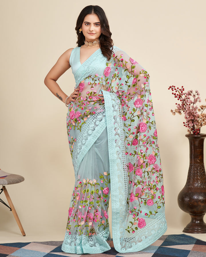 Soft Net Saree with Mono Banglori Blouse | Multi-Thread Embroidery Work Traditional Look