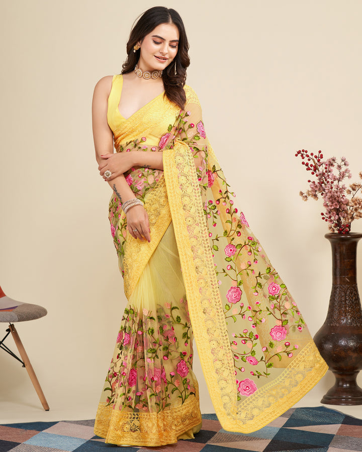 Soft Net Saree with Mono Banglori Blouse | Multi-Thread Embroidery Work Traditional Look