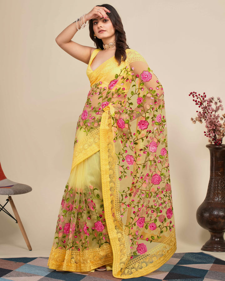 Soft Net Saree with Mono Banglori Blouse | Multi-Thread Embroidery Work Traditional Look