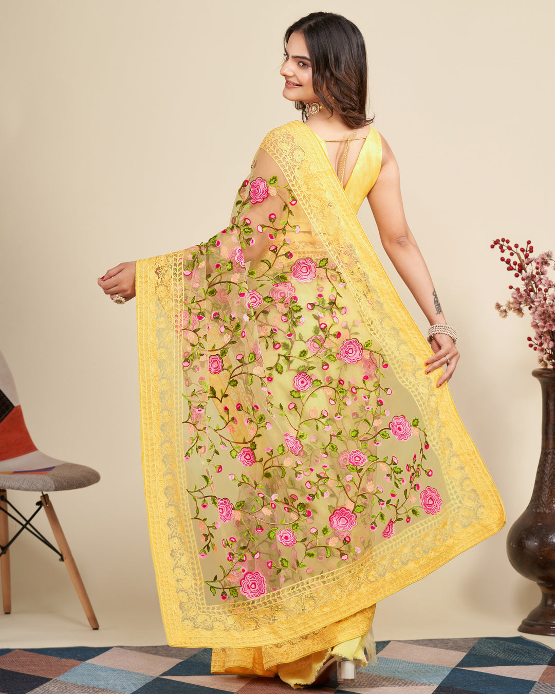 Soft Net Saree with Mono Banglori Blouse | Multi-Thread Embroidery Work Traditional Look