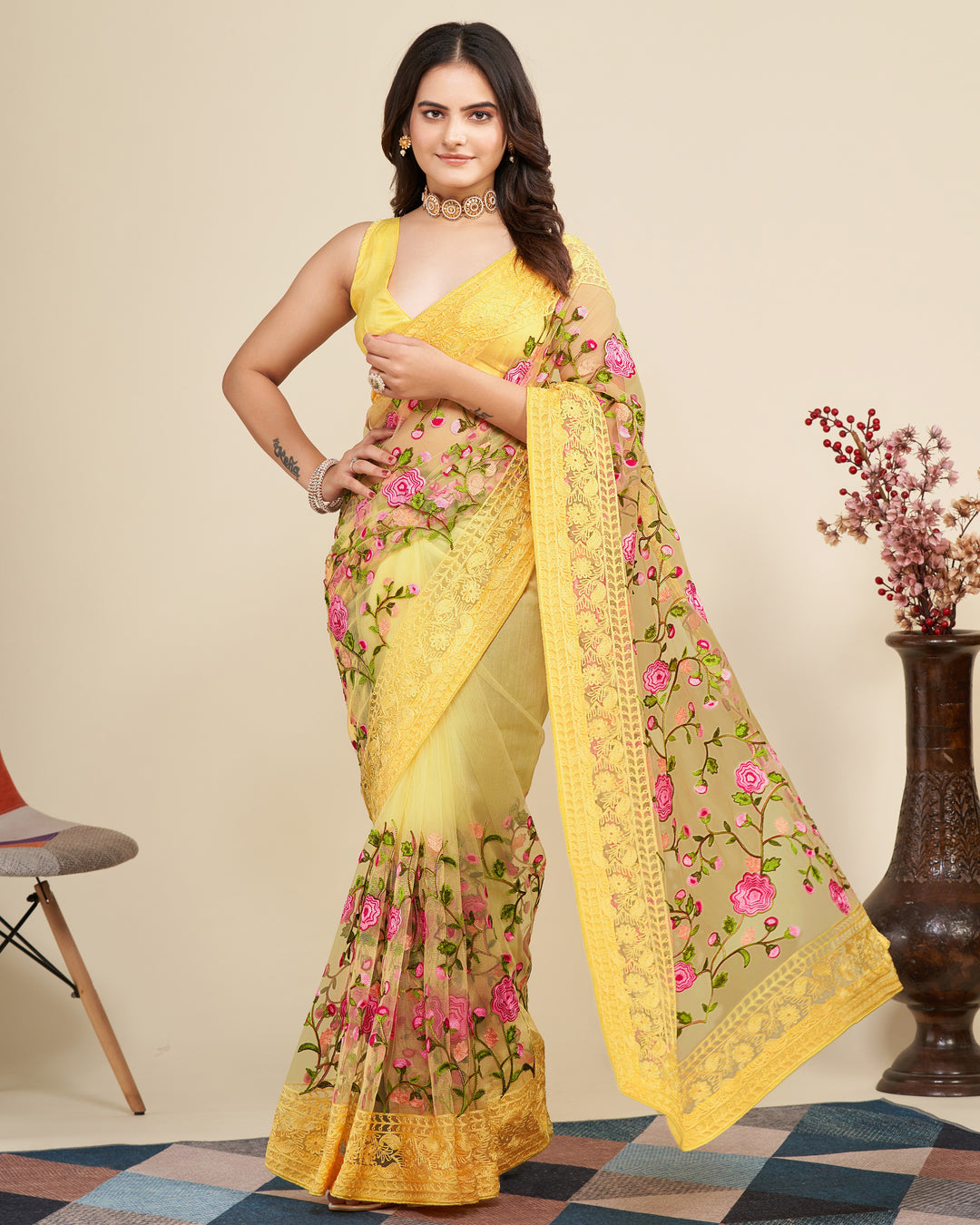 Soft Net Saree with Mono Banglori Blouse | Multi-Thread Embroidery Work Traditional Look