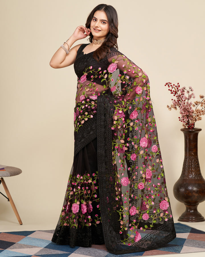 Soft Net Saree with Mono Banglori Blouse | Multi-Thread Embroidery Work Traditional Look