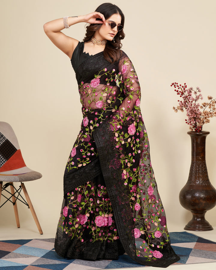 Soft Net Saree with Mono Banglori Blouse | Multi-Thread Embroidery Work Traditional Look