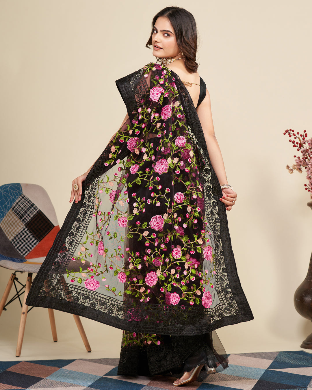 Soft Net Saree with Mono Banglori Blouse | Multi-Thread Embroidery Work Traditional Look