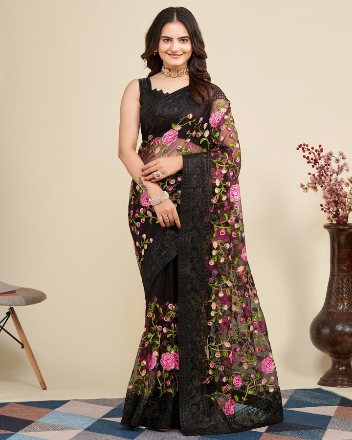 Soft Net Saree with Mono Banglori Blouse | Multi-Thread Embroidery Work Traditional Look