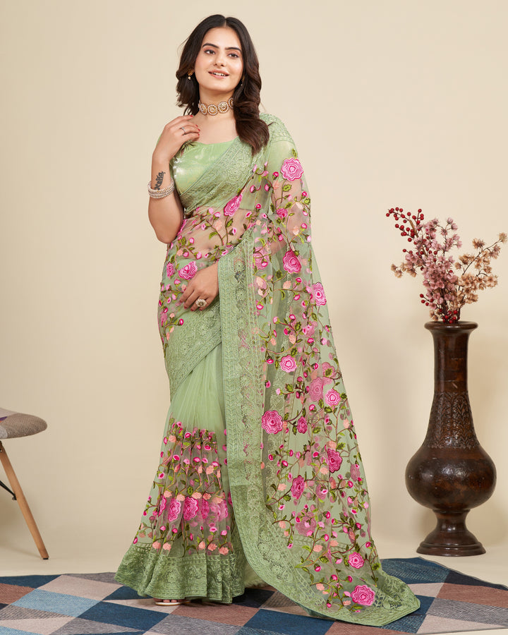 Soft Net Saree with Mono Banglori Blouse | Multi-Thread Embroidery Work Traditional Look