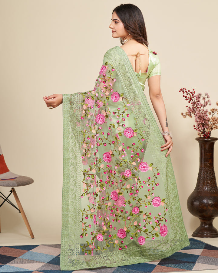 Soft Net Saree with Mono Banglori Blouse | Multi-Thread Embroidery Work Traditional Look