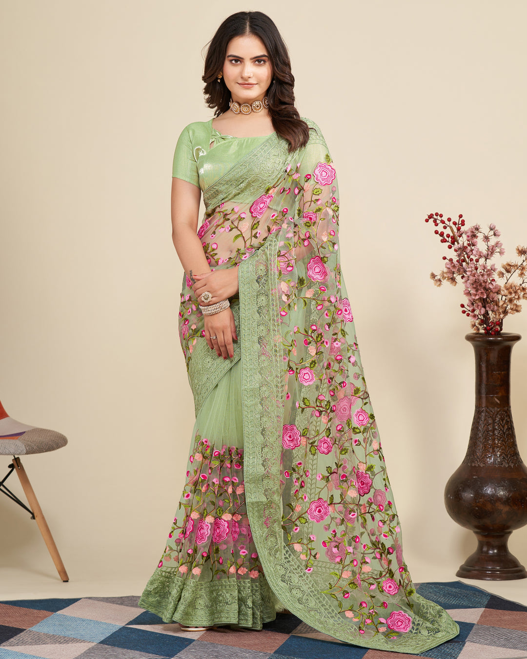 Soft Net Saree with Mono Banglori Blouse | Multi-Thread Embroidery Work Traditional Look