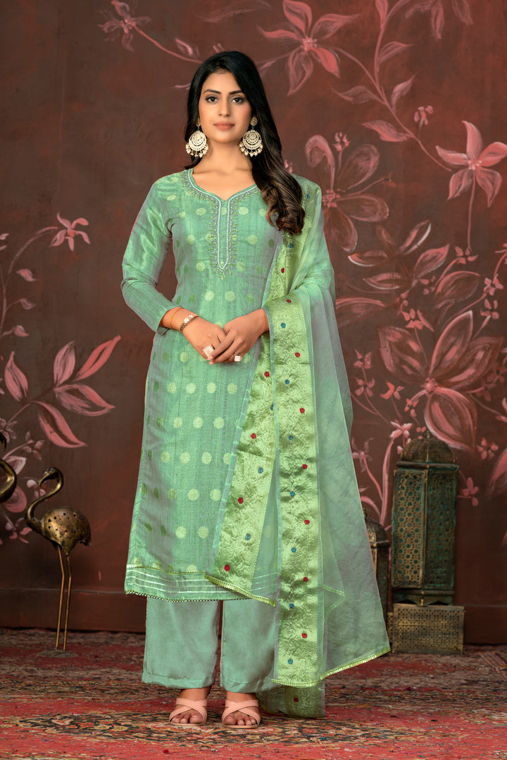 Organza Dupatta Suit | Elegant Modal Butti Top Paired with Santoon Bottom