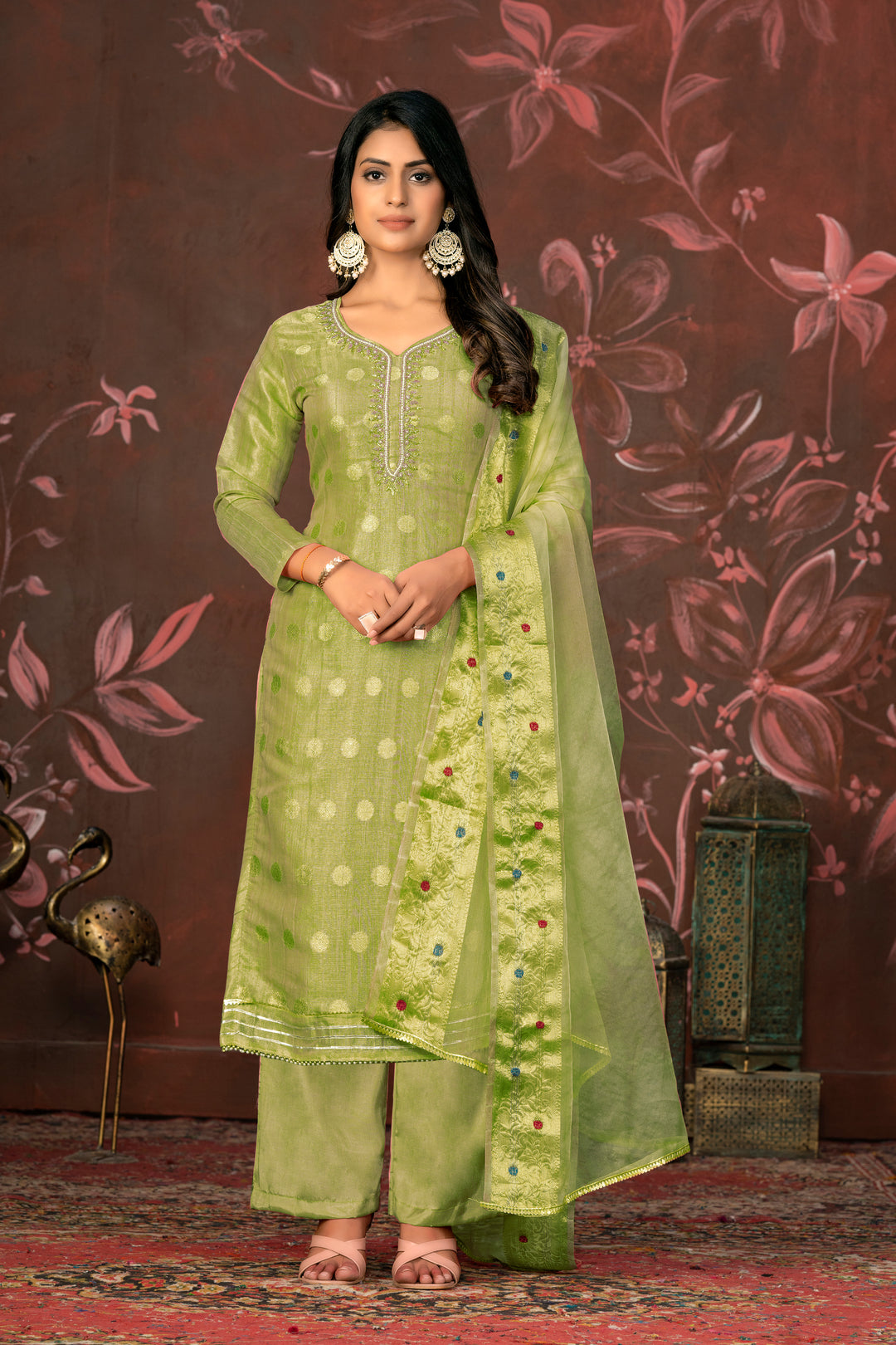 Organza Dupatta Suit | Elegant Modal Butti Top Paired with Santoon Bottom