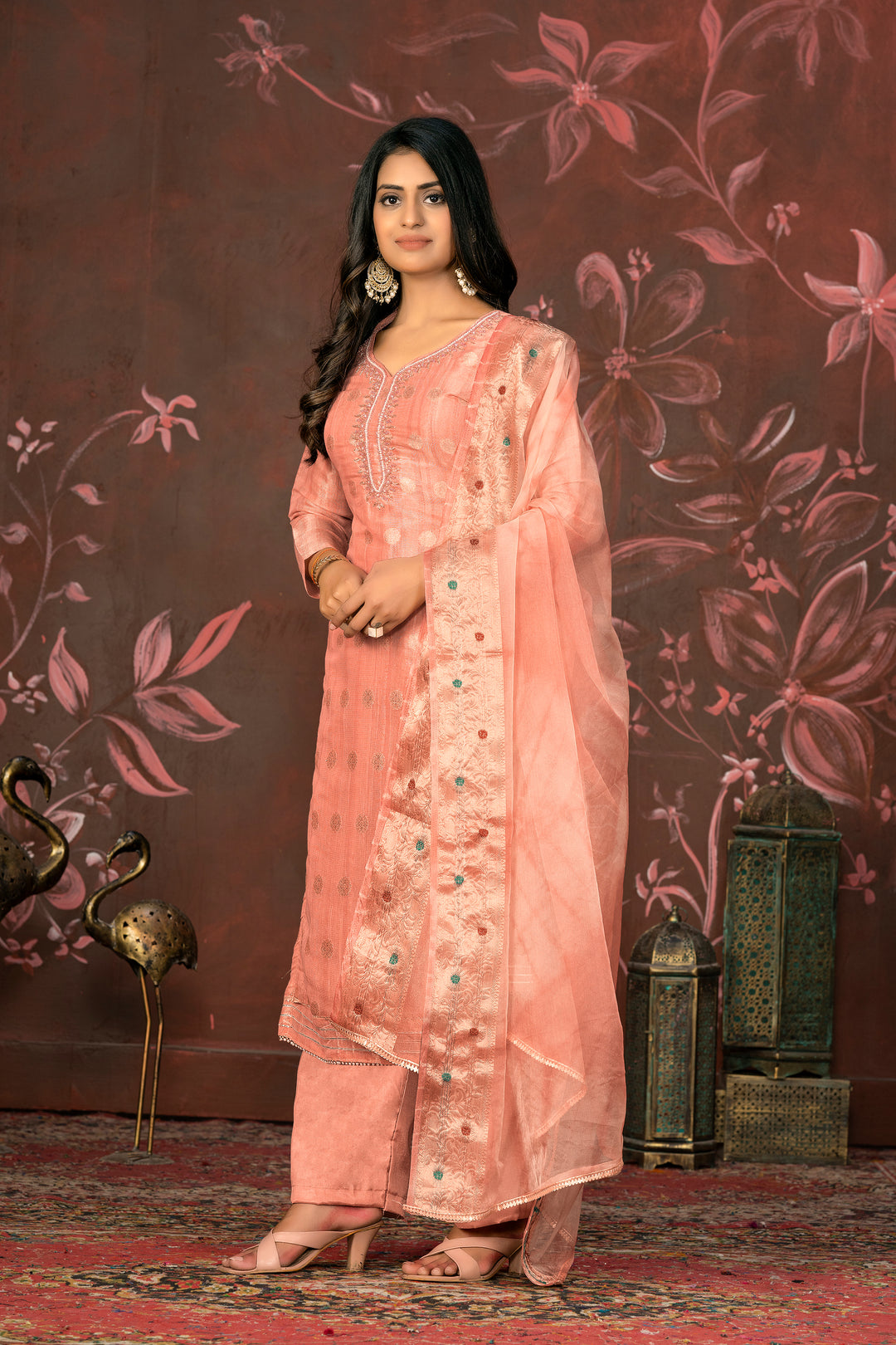 Organza Dupatta Suit | Elegant Modal Butti Top Paired with Santoon Bottom