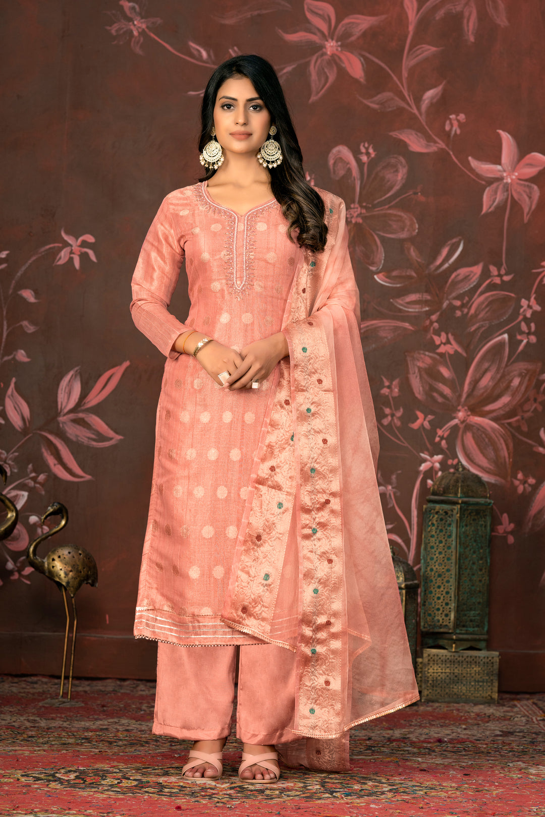 Organza Dupatta Suit | Elegant Modal Butti Top Paired with Santoon Bottom