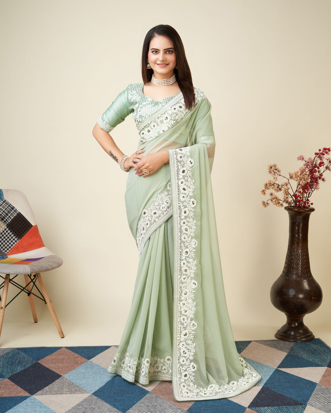 Georgette Embroidery Saree | Designer Art Silk Blouse for Special Occasions