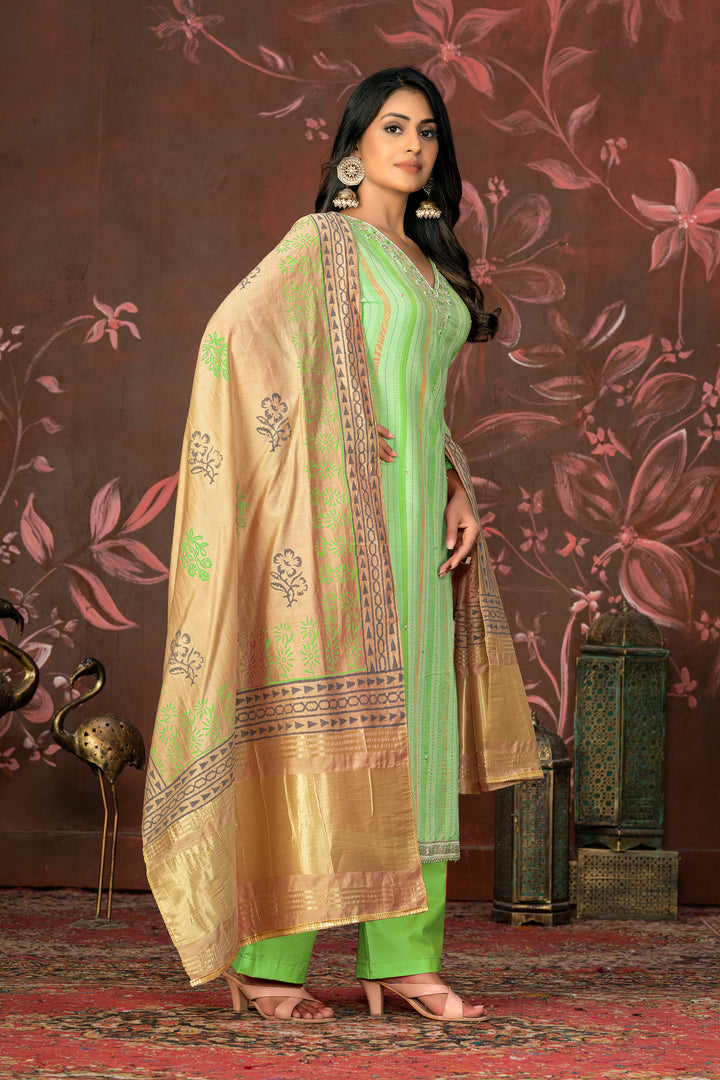 Green Cambric Cotton Suit | Chanderi Dupatta with Wevon Hand Work